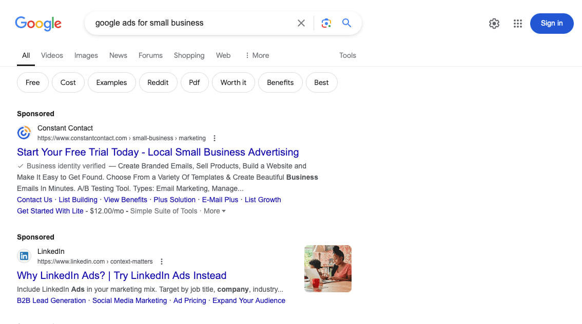 screenshot of Google search results showing Google Ads